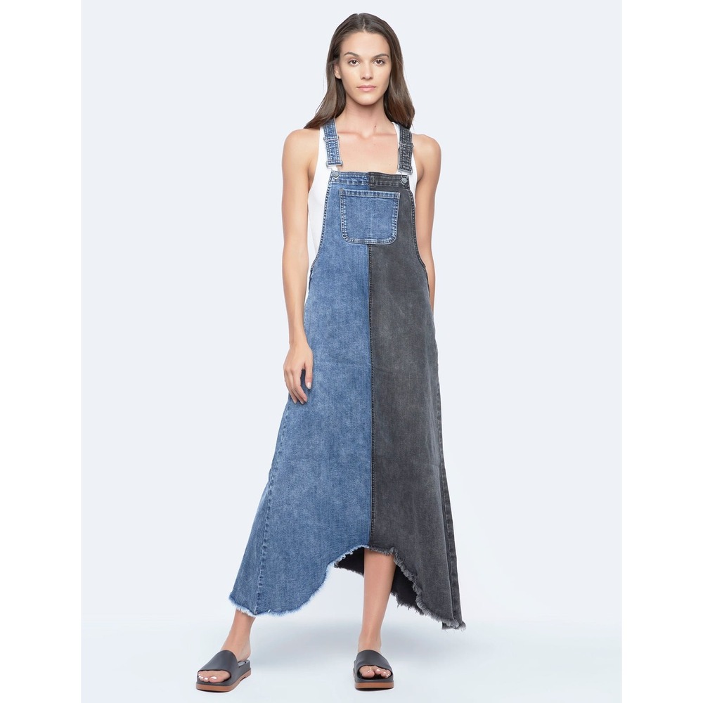 Wash Lab Pieced Denim Jumper Dress Colorblock Raw Hem Asymmetric Blue Black M